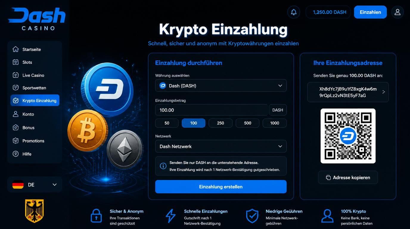Bild mit Kryptowährungen, QR-Code und Einzahlungsformular als Darstellung.