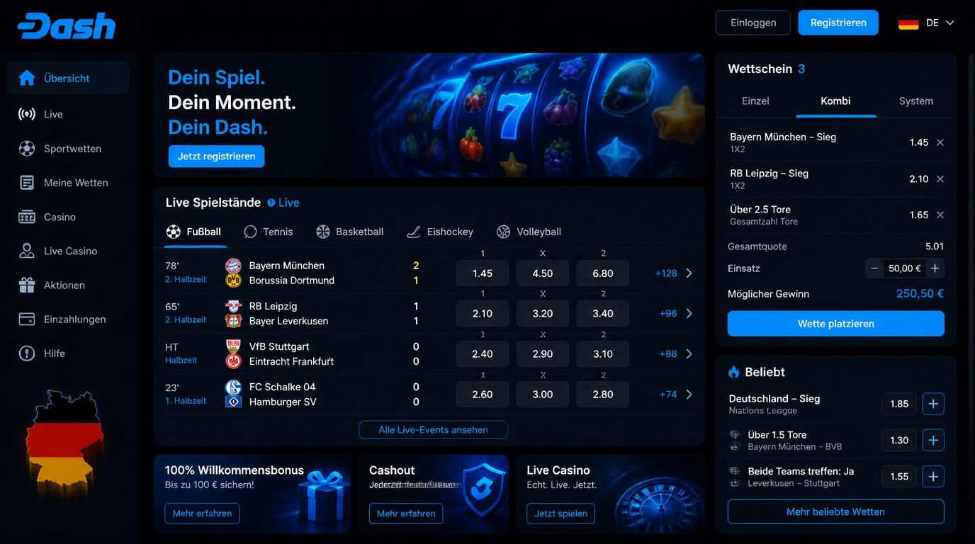 Wettplattform mit Live-Spielständen, Spielautomaten und Wett-Schein „Beliebt“