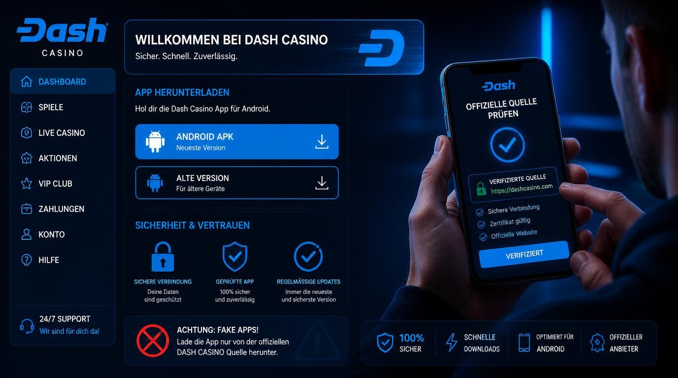 Benutzer lädt APK von Dash Casino aus offizieller Quelle, Sicherheitszeichen sichtbar