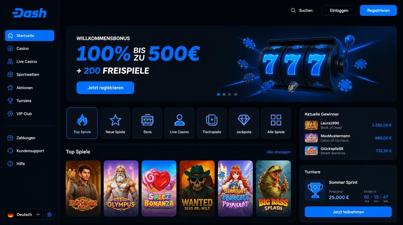 Ein glänzendes Willkommenspaket-Banner mit Bonusdetails „500 € + 250 FS“, deutsche Flagge, symbolische Hand, die Bonus überreicht.